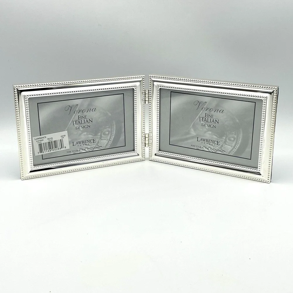 Lawrence Frames Polished Silver Plate 5x7 Hinged Double Horizontal Bead Trim NEW